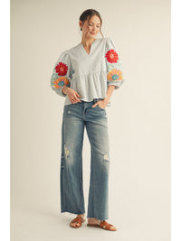 Pocket Full Of Sunshine Embroidered Floral Striped Blouse