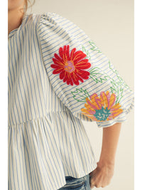 Pocket Full Of Sunshine Embroidered Floral Striped Blouse