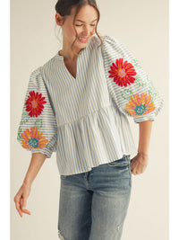 Pocket Full Of Sunshine Embroidered Floral Striped Blouse