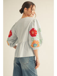 Pocket Full Of Sunshine Embroidered Floral Striped Blouse