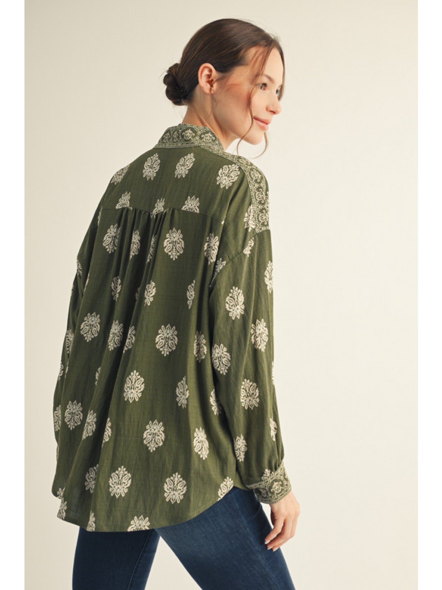 Fern & Fleur Printed Button Up Top - Olive