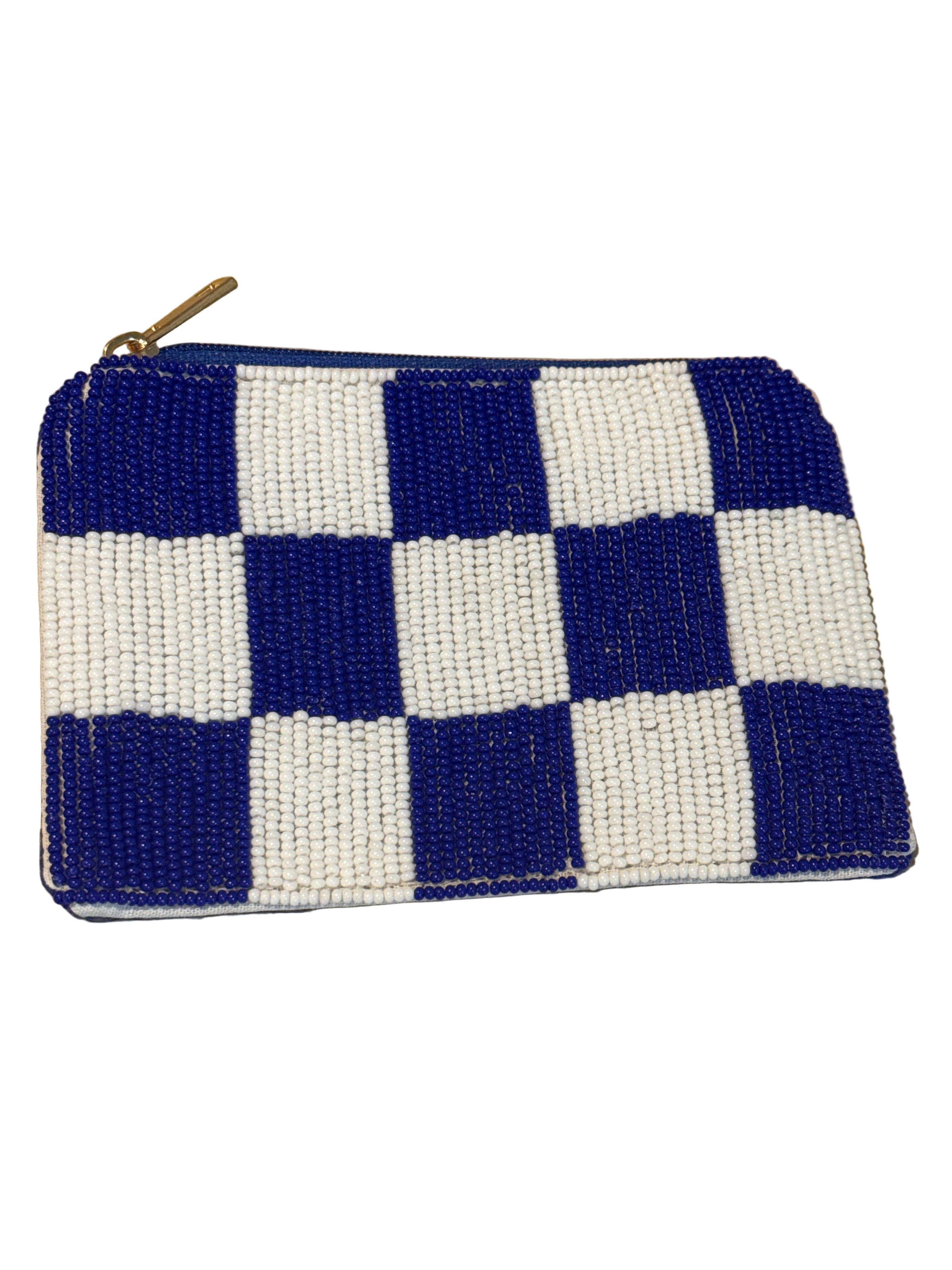 Blue and White Checkered Beaded Wallet/Pouch