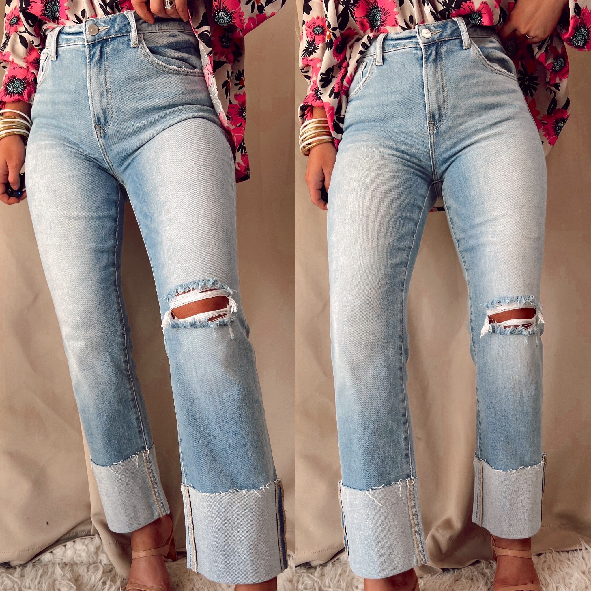 Caroline Cuffed High Rise Straight Leg Jeans - Light Wash