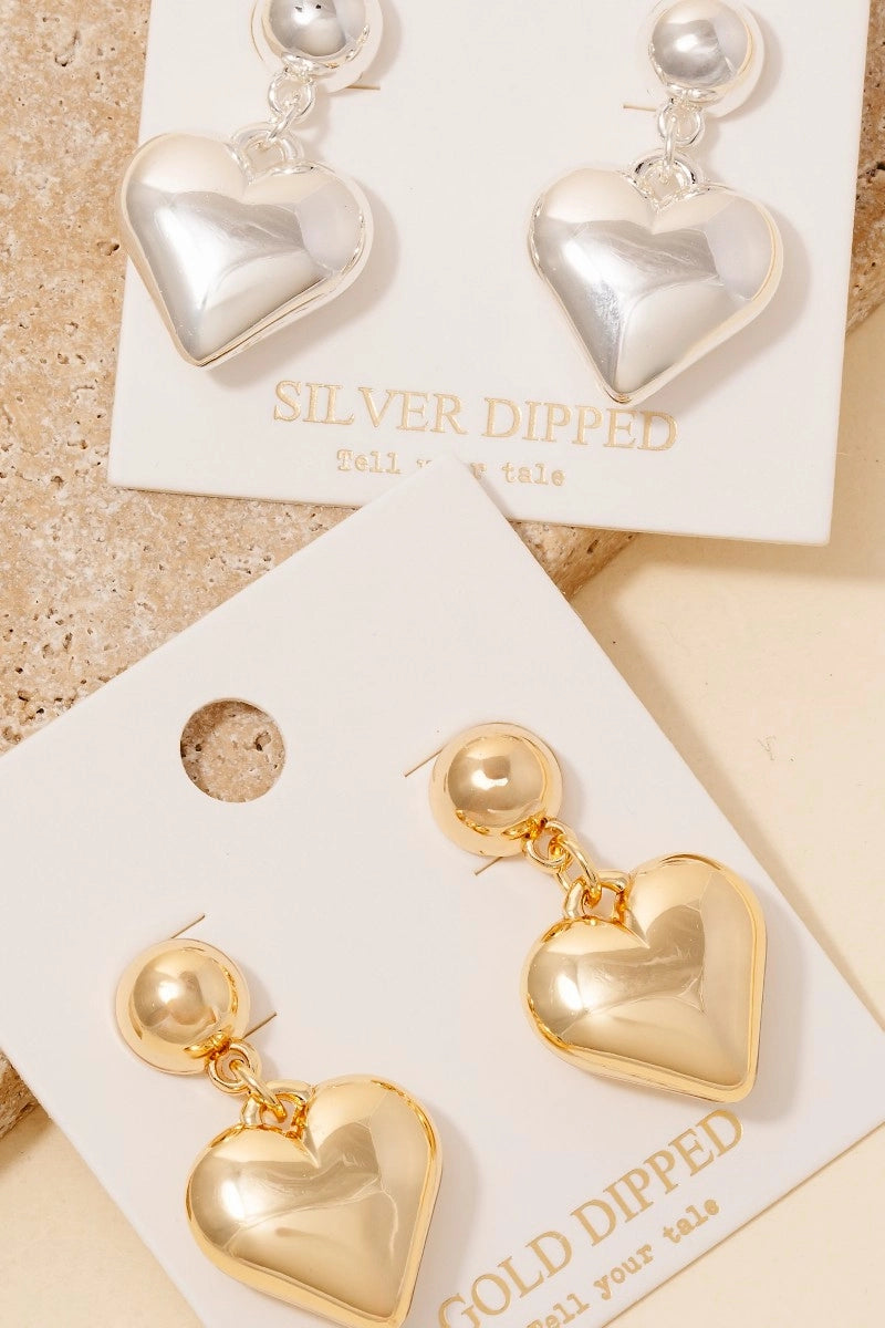 Glossy Gold Dipped Puff Heart Earrings