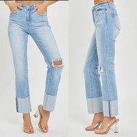 Caroline Cuffed High Rise Straight Leg Jeans - Light Wash