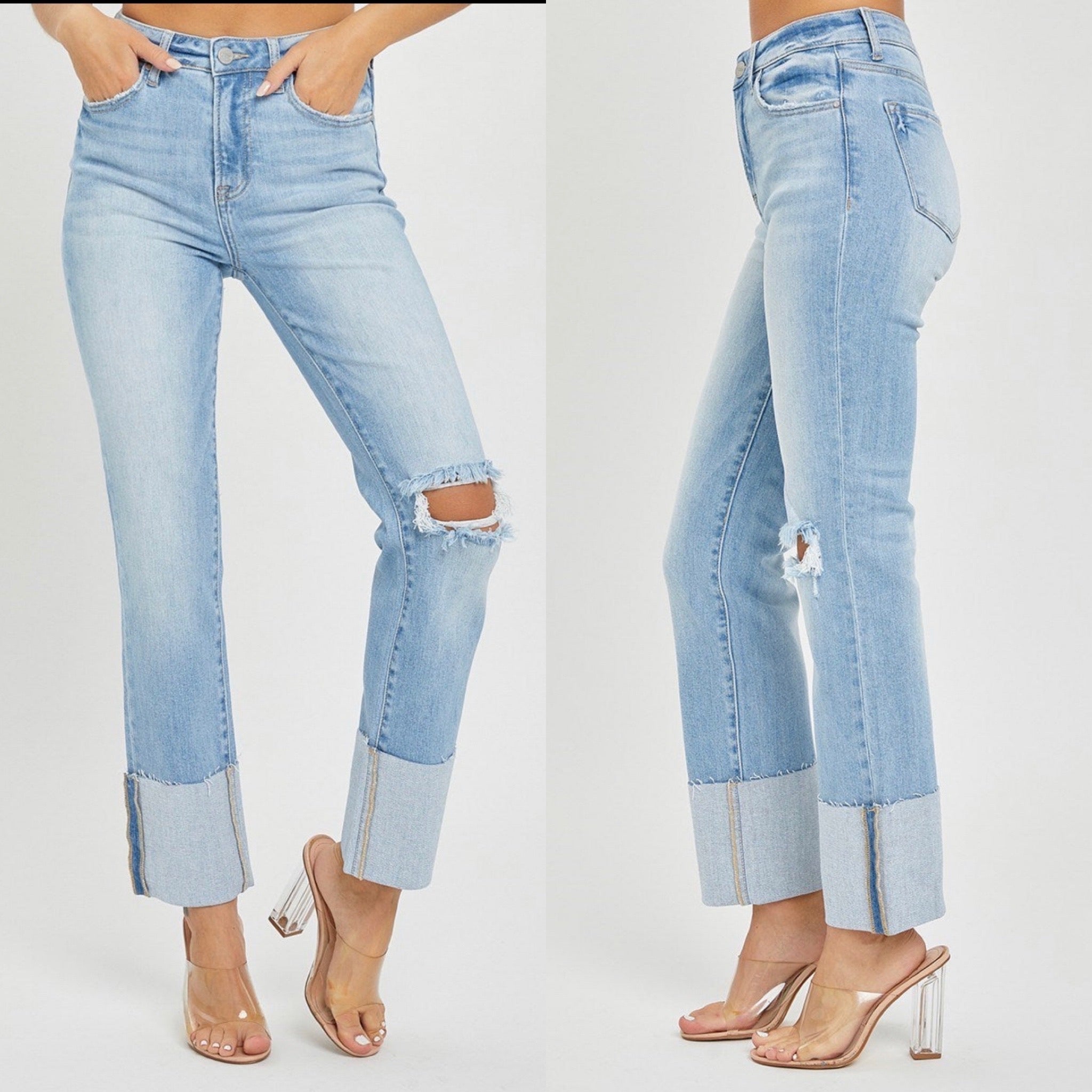Caroline Cuffed High Rise Straight Leg Jeans - Light Wash