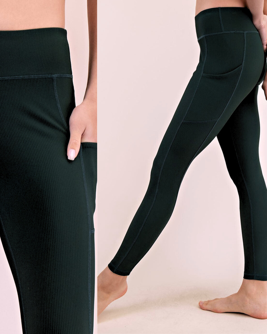 Studio Nylon Ribbed Long Length Leggings with Pockets