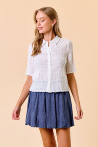 Sight To Sea Smocked Jacquard Ruffle Button Down Blouse - Off White