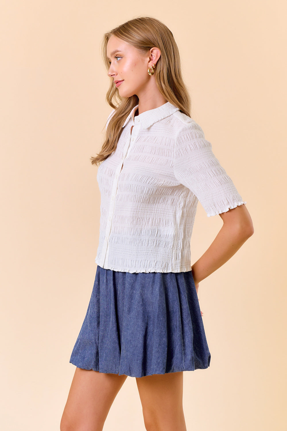 Sight To Sea Smocked Jacquard Ruffle Button Down Blouse - Off White