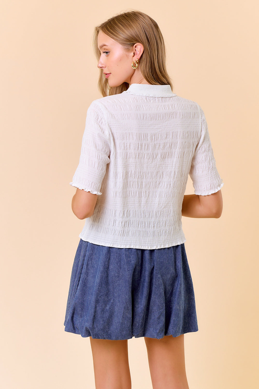 Sight To Sea Smocked Jacquard Ruffle Button Down Blouse - Off White
