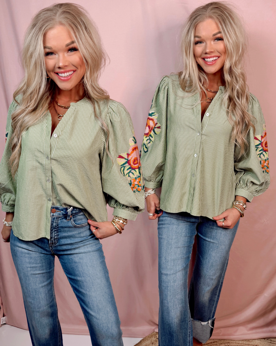 Elegant in Olive Stripes + Floral Embroidery Blouse