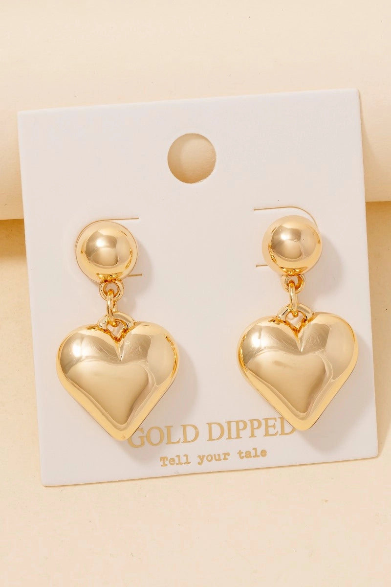 Glossy Gold Dipped Puff Heart Earrings