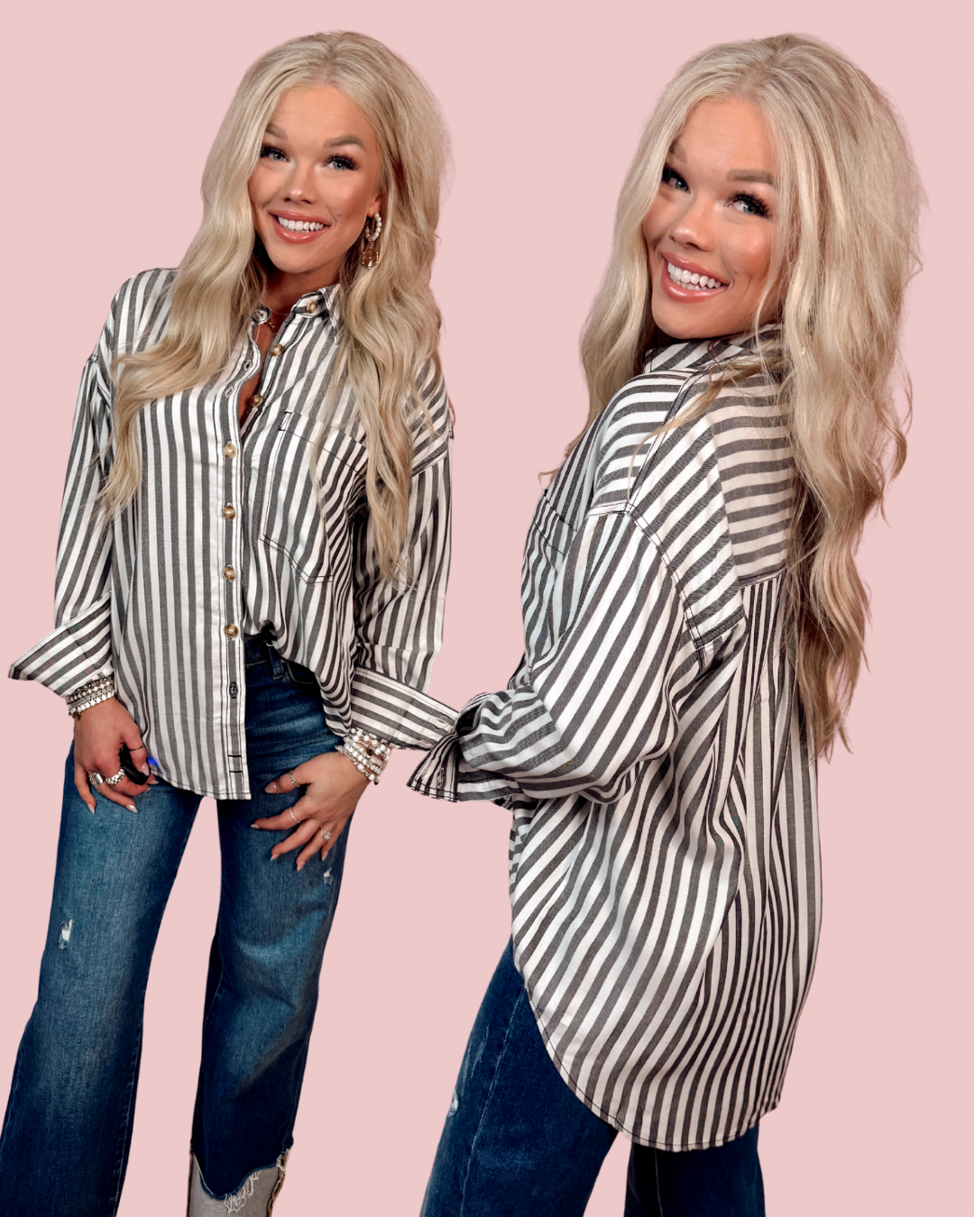 Linear Muse Striped Button Down Top - Black