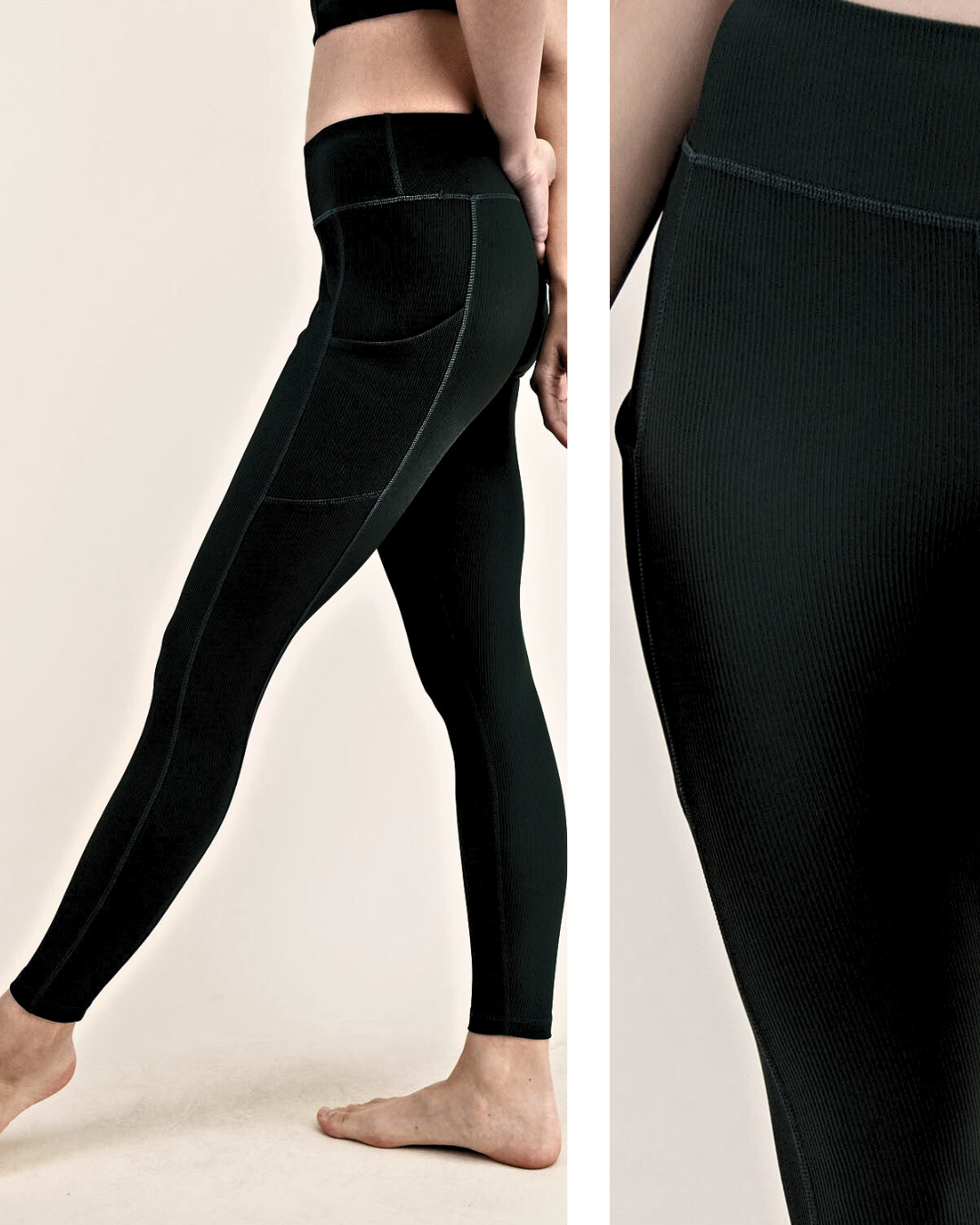 Studio Nylon Ribbed Long Length Leggings with Pockets