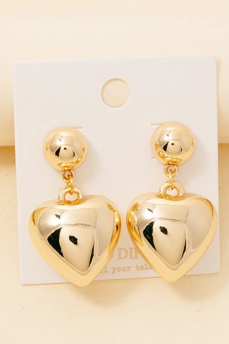 Glossy Gold Dipped Puff Heart Earrings