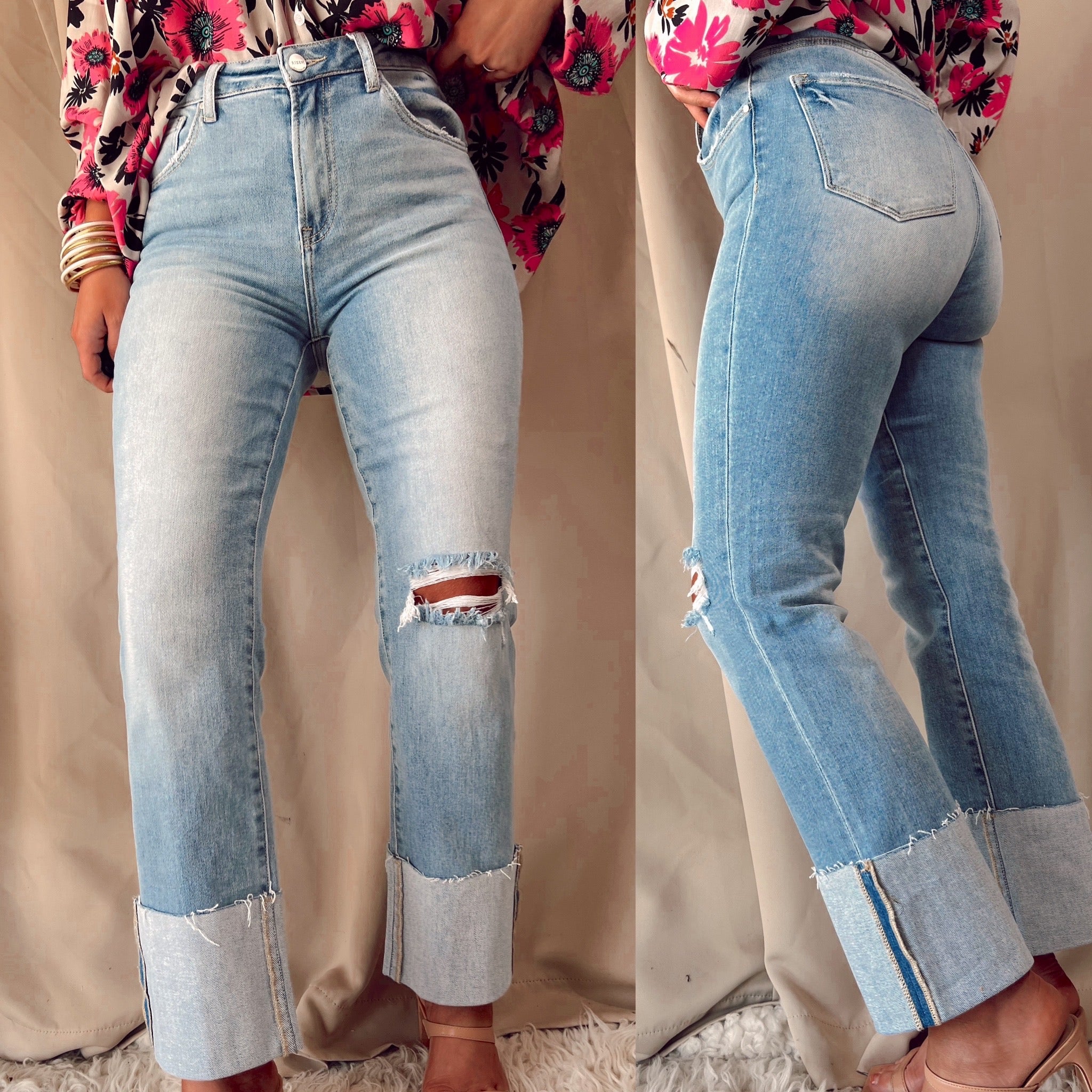 Caroline Cuffed High Rise Straight Leg Jeans - Light Wash