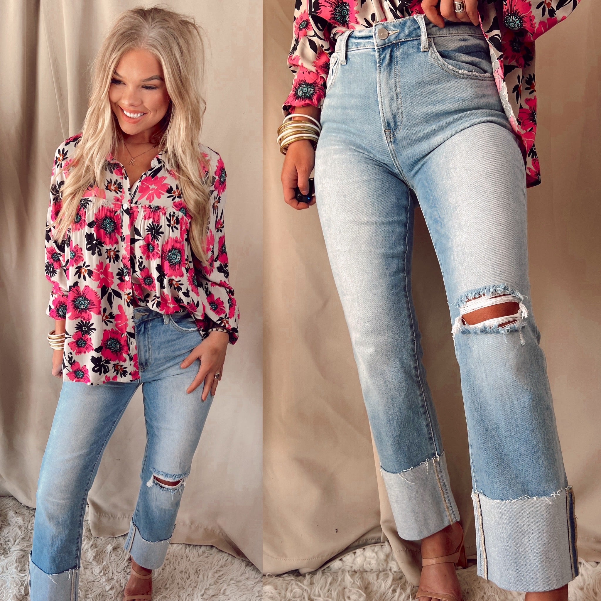 Caroline Cuffed High Rise Straight Leg Jeans - Light Wash