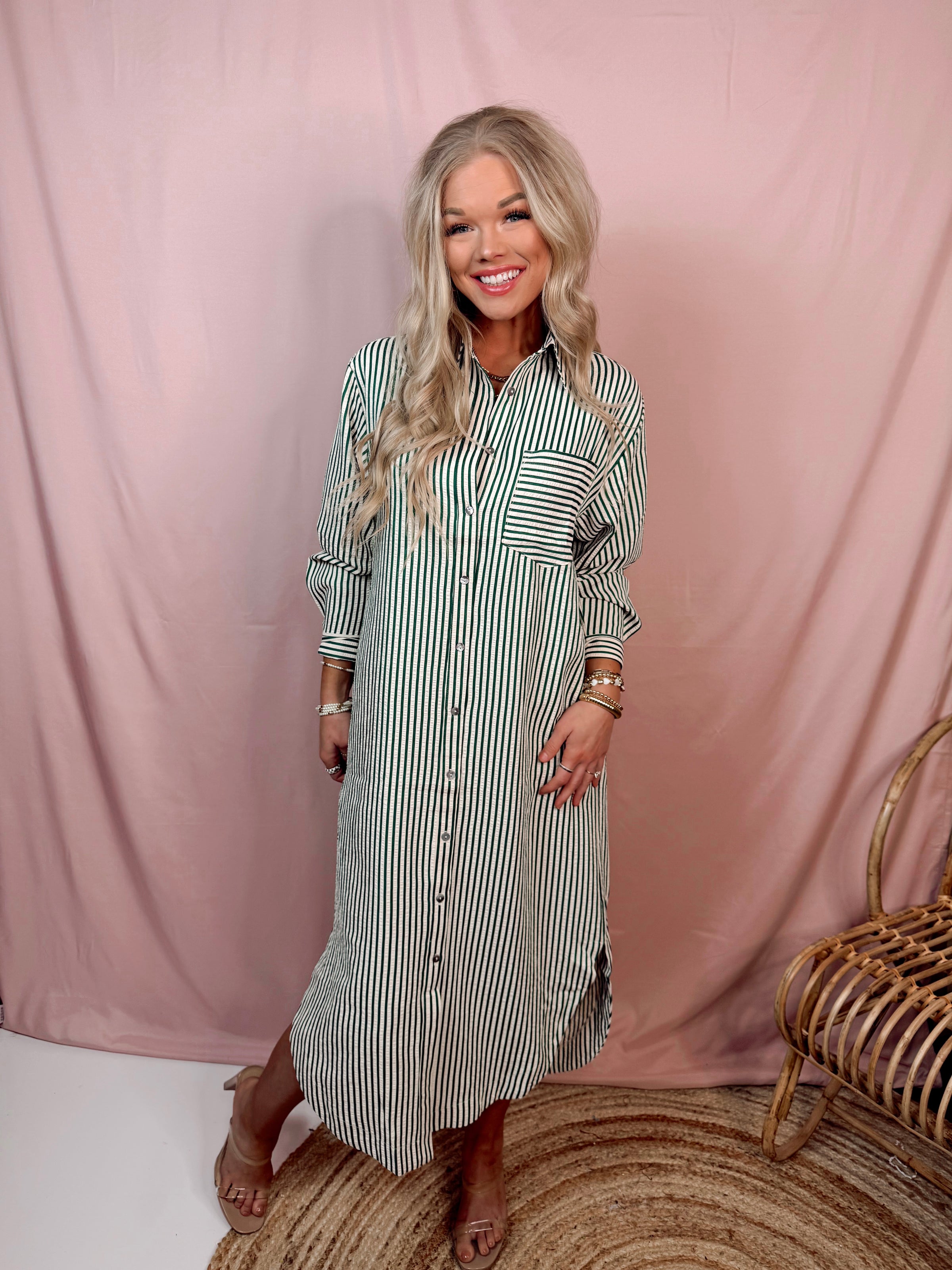 Country Club Brunch Striped Long Sleeve Midi Dress in Green