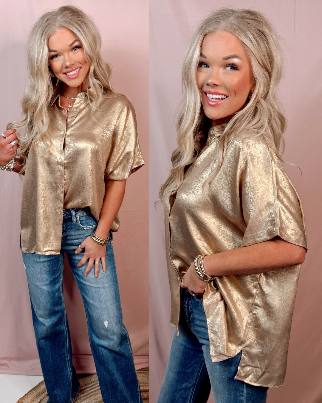 Glow Getter Collared Button Up Blouse - Gold