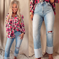 Caroline Cuffed High Rise Straight Leg Jeans - Light Wash