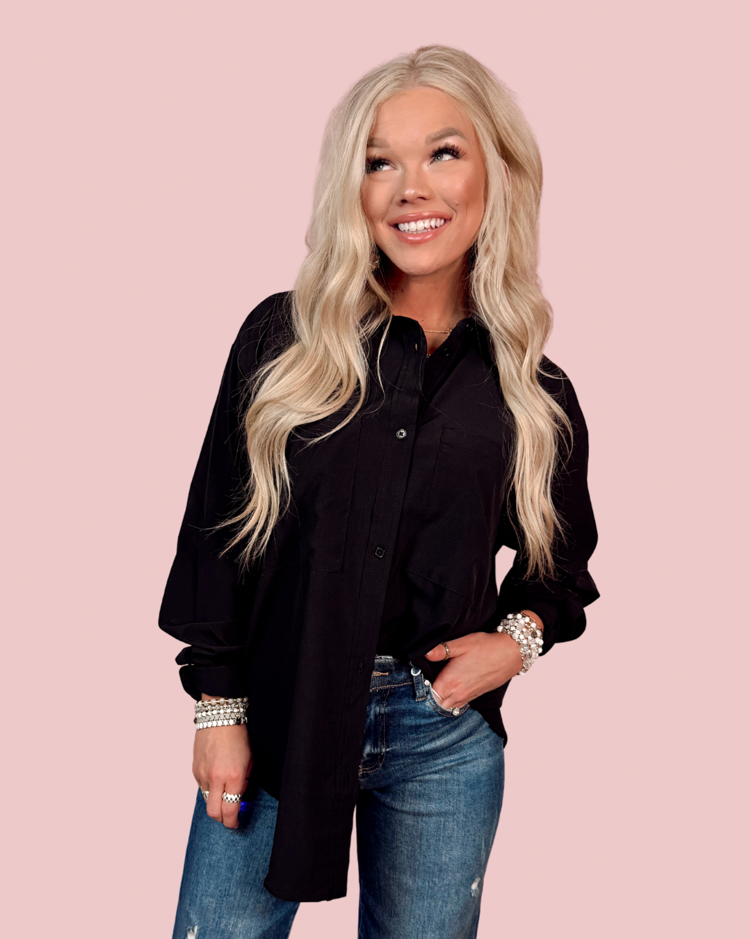 Luxe Lounge Long Sleeve Button Up Top - Black