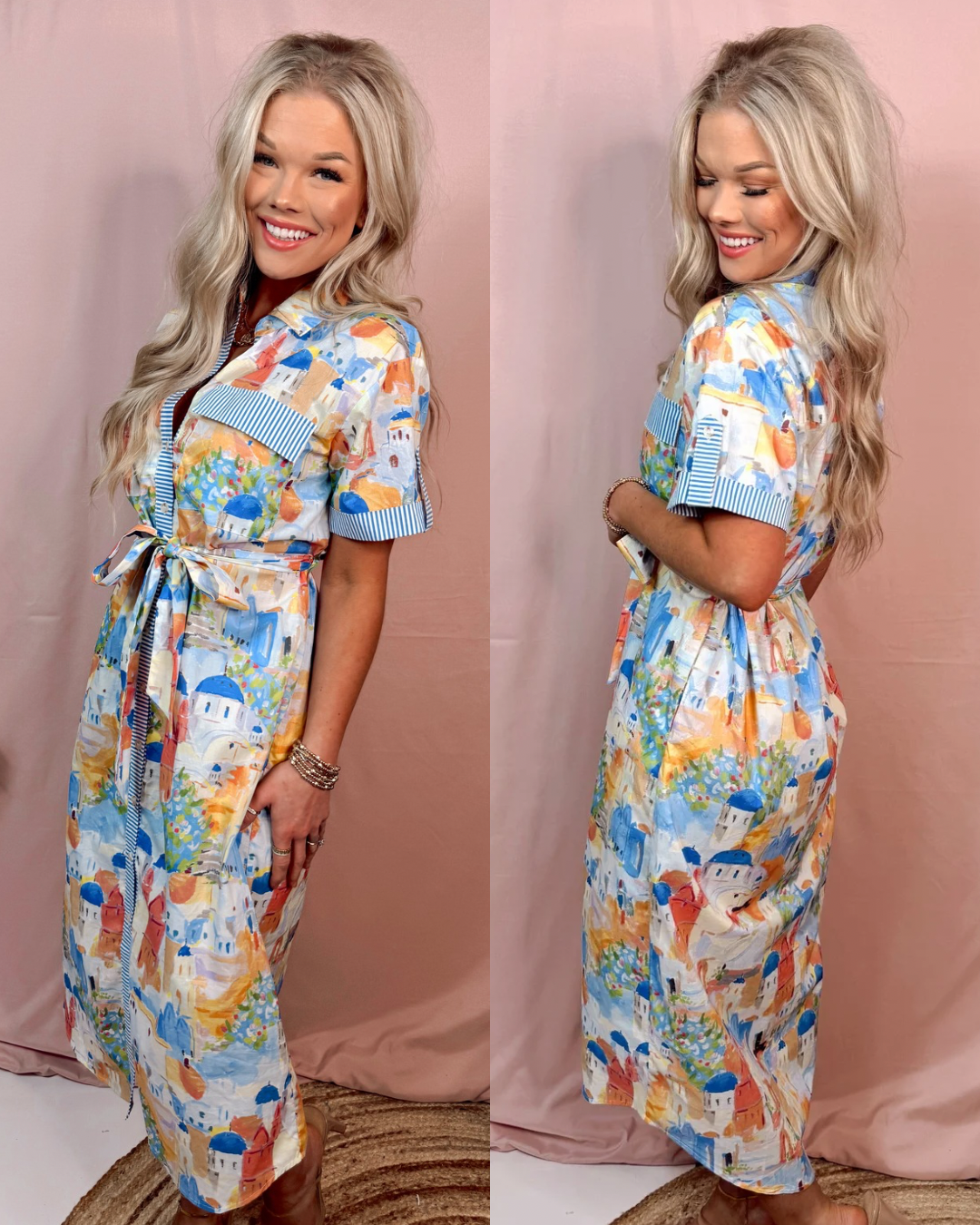 Scenes of Santorini Printed Mediterranean Midi Dress