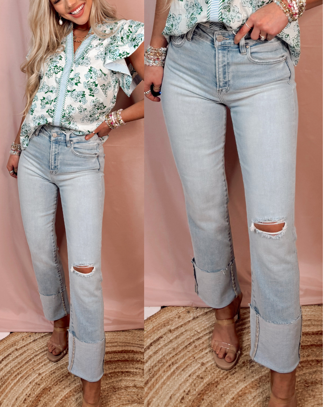 Caroline Cuffed High Rise Straight Leg Jeans - Light Wash