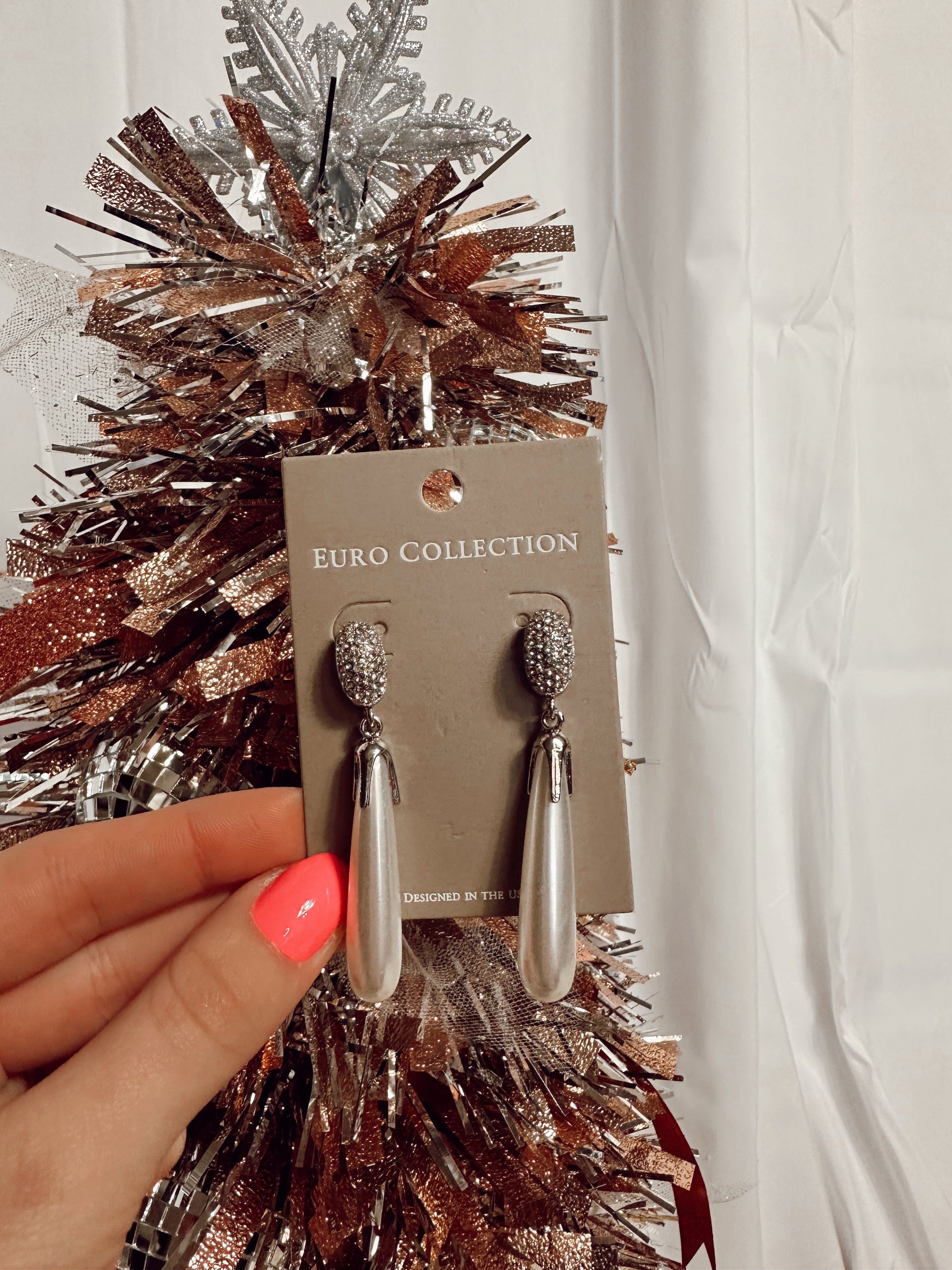 Silver Rhinestone Pearl Dangle Earrings