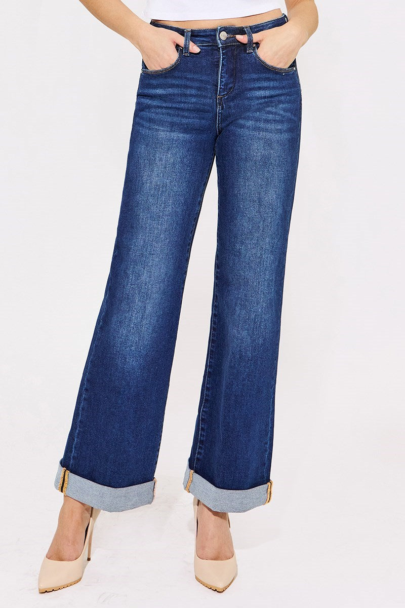 Dally Dark Wash - Tummy Control High Rise Cuffed Jeans
