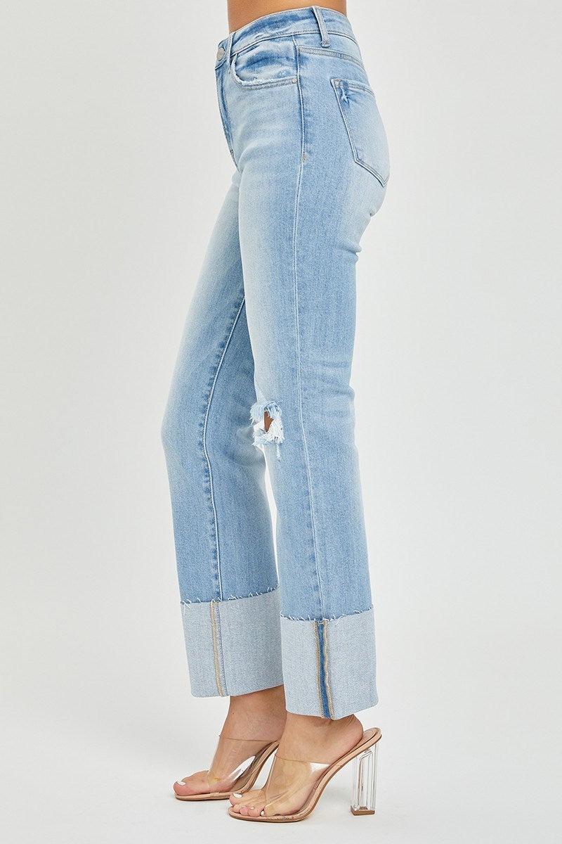 Caroline Cuffed High Rise Straight Leg Jeans - Light Wash