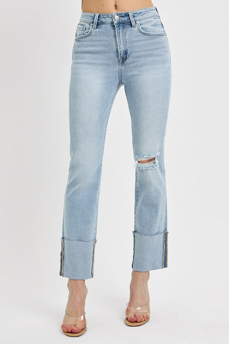 Caroline Cuffed High Rise Straight Leg Jeans - Light Wash