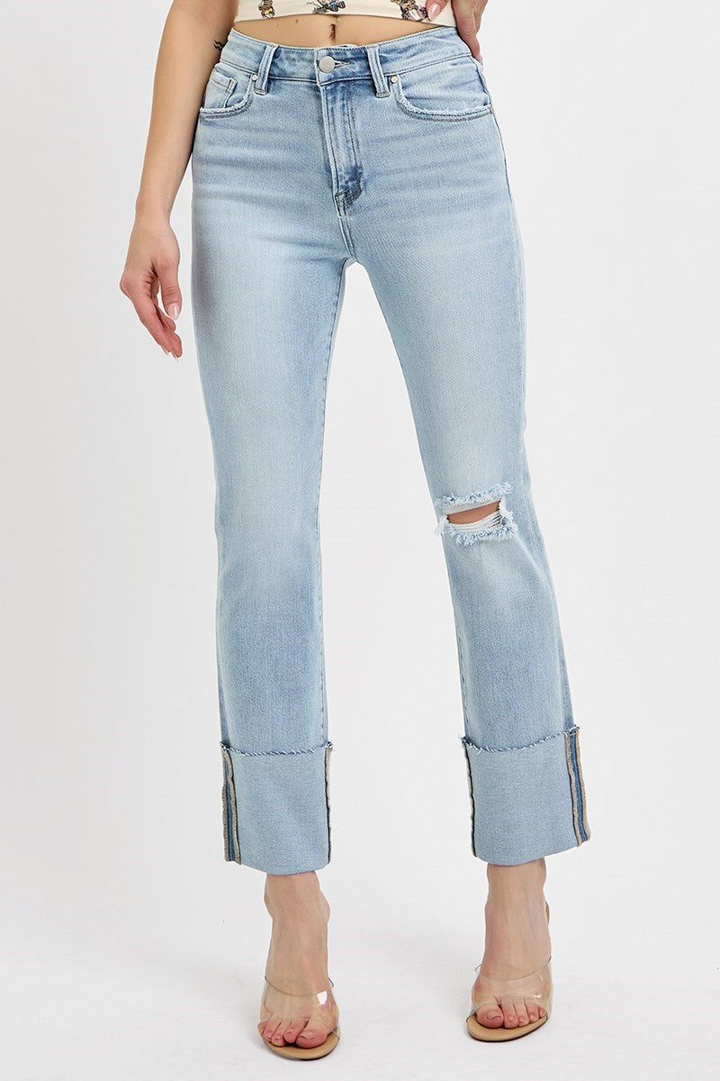 Caroline Cuffed High Rise Straight Leg Jeans - Light Wash