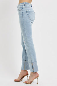 Caroline Cuffed High Rise Straight Leg Jeans - Light Wash