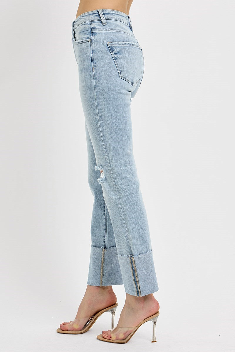 Caroline Cuffed High Rise Straight Leg Jeans - Light Wash