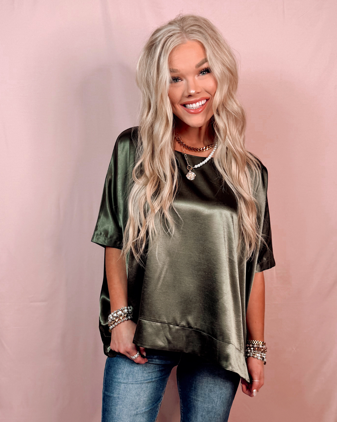 Statement Maker Satin Oversized Blouse in Olive