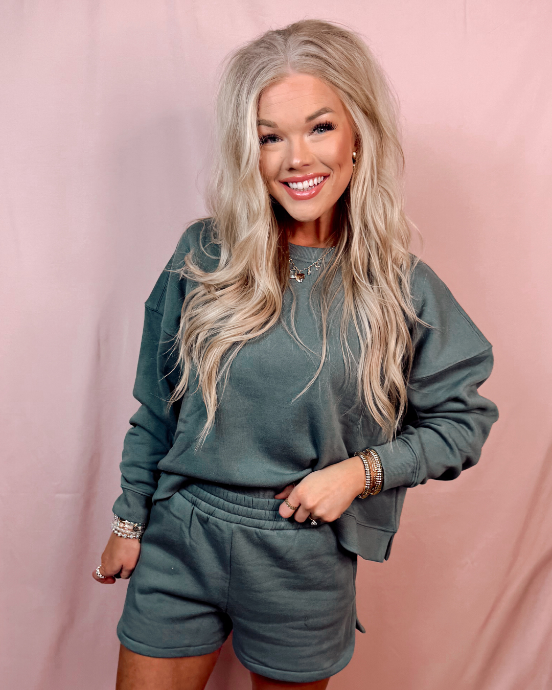 Covered In Comfort Top + Shorts Two Piece SET - in Ash Jade