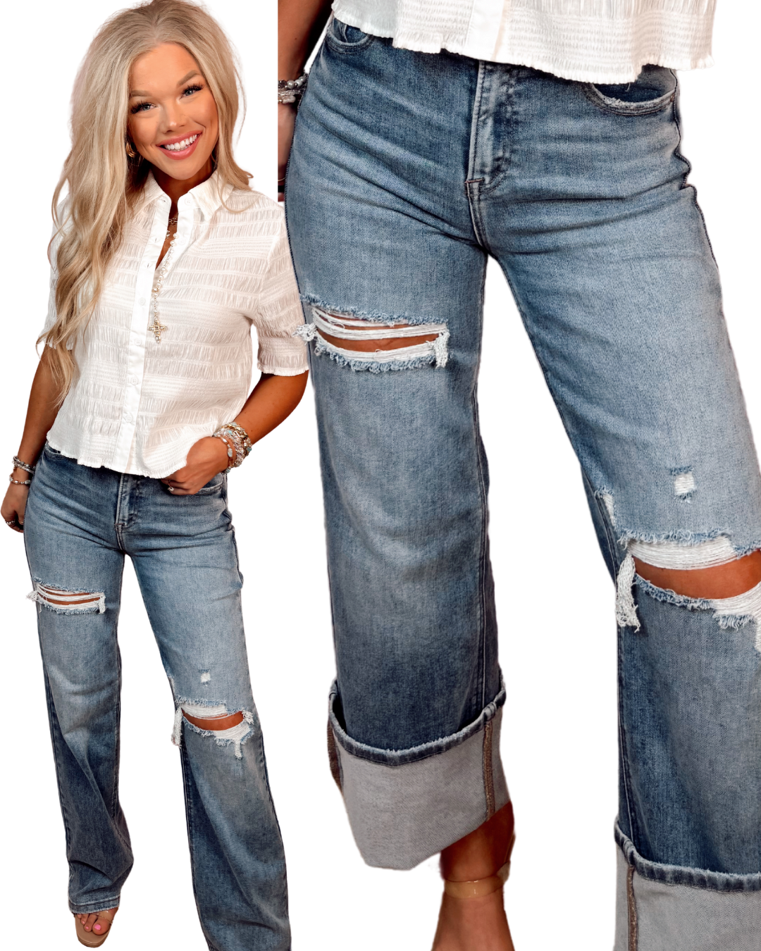 Woman wearing light wash ripped jeans with a close-up of the jeans' details.