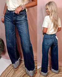 Davie Dark Wash Wide Leg - High Rise Cuffed Jeans