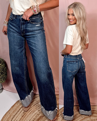 Davie Dark Wash Wide Leg - High Rise Cuffed Jeans