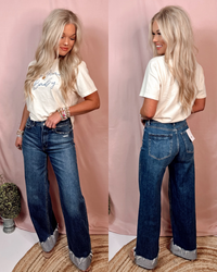 Davie Dark Wash Wide Leg - High Rise Cuffed Jeans