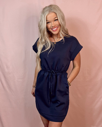 Daily Walk Drawstring Tie Dress - Navy
