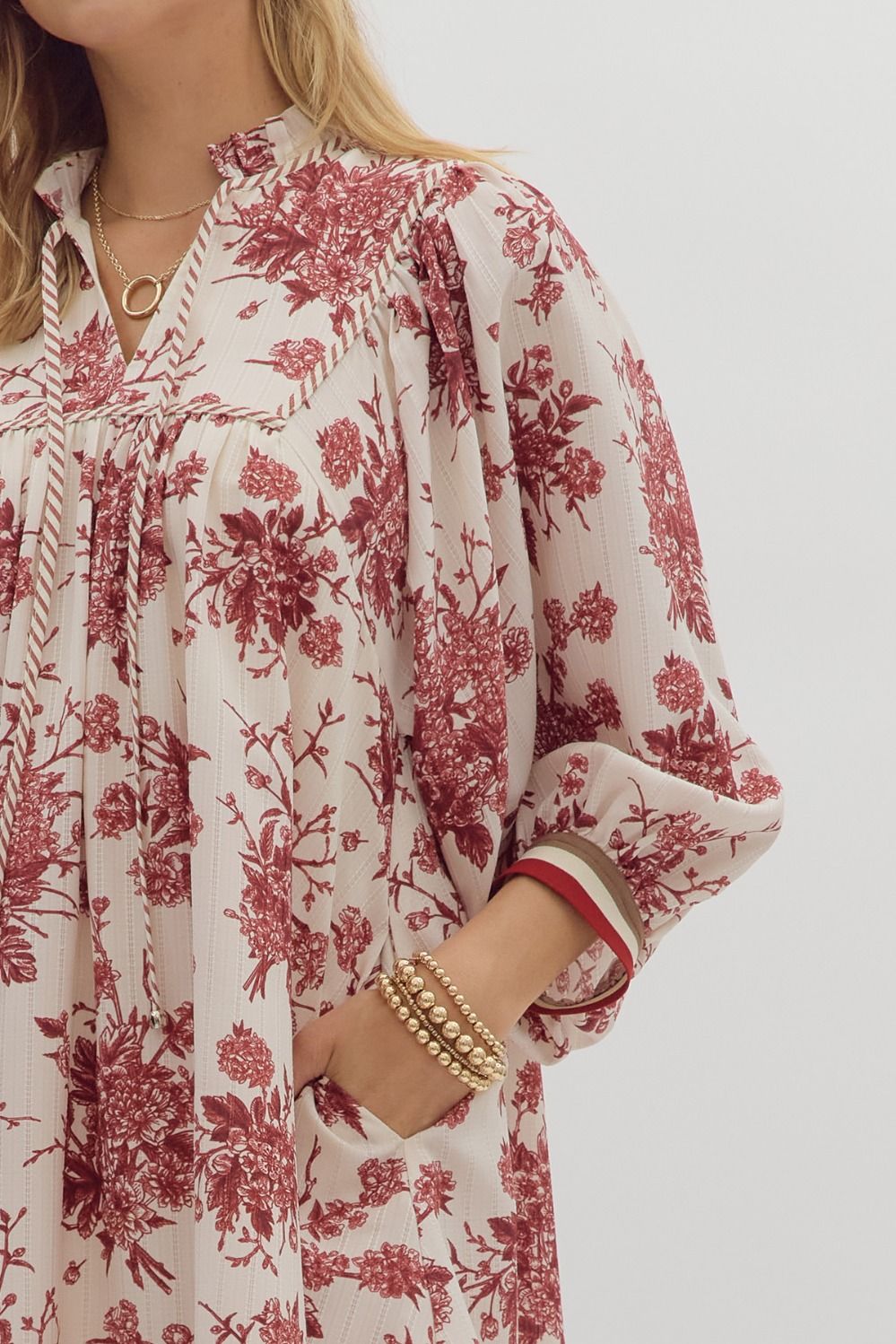 Merlot & Magnolias Textured Floral Dress with Contrast Detail