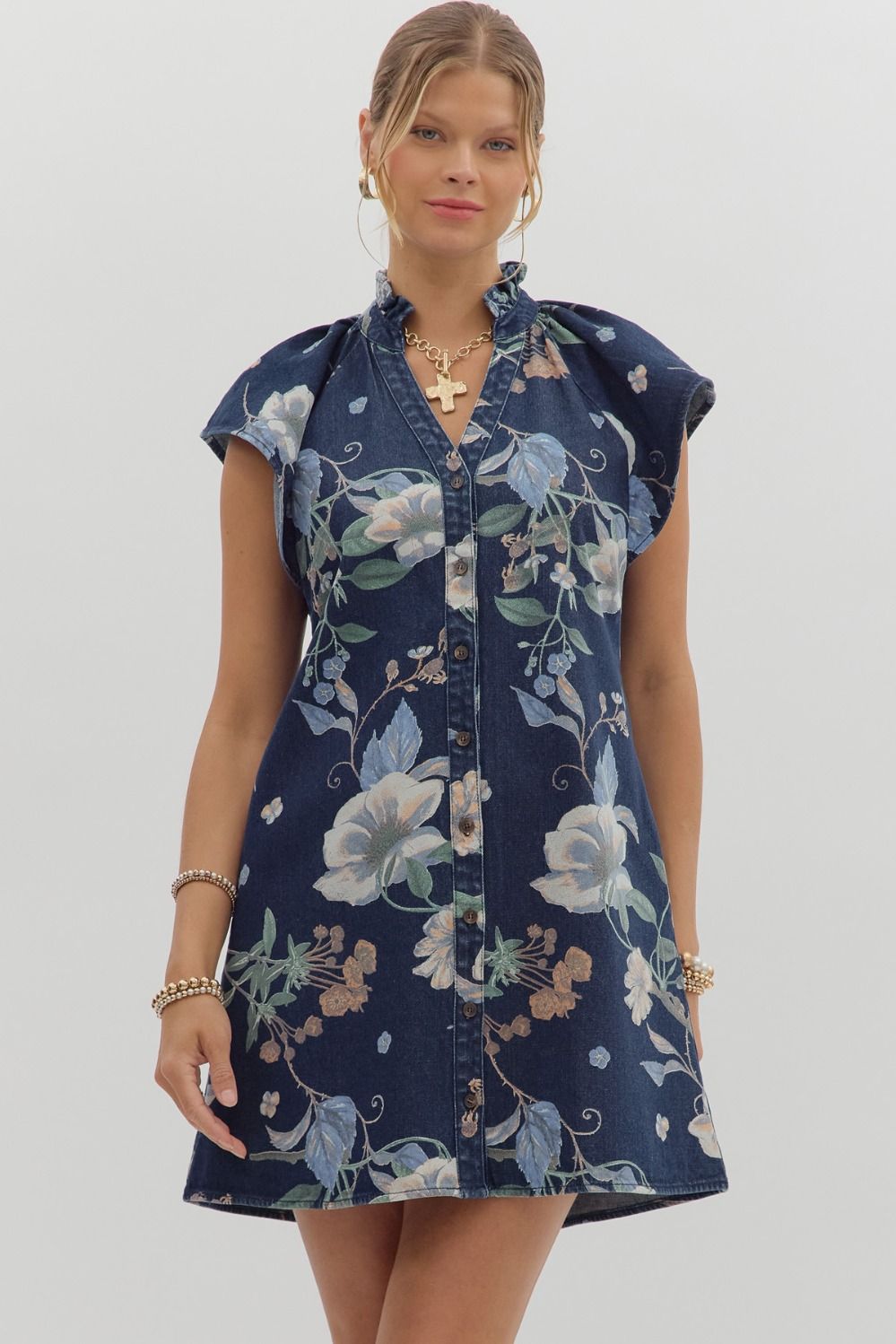 Wild Indigo Denim Floral Print Mini Dress
