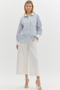 Strictly Business Striped Collared Relaxed Fit Blouse - Blue