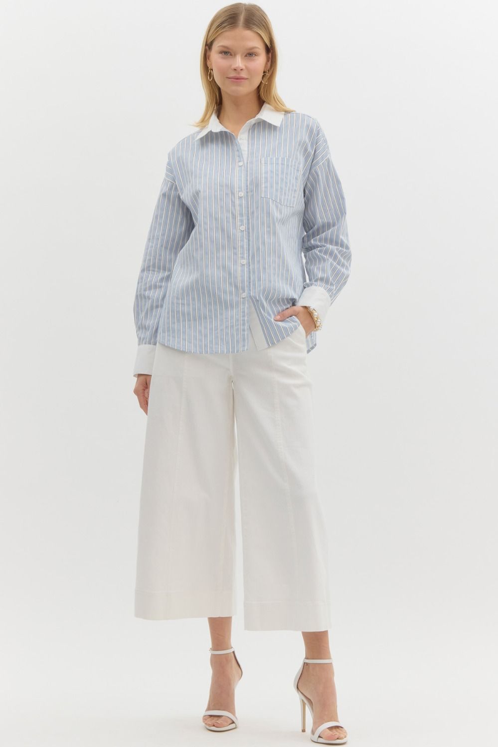 Strictly Business Striped Collared Relaxed Fit Blouse - Blue