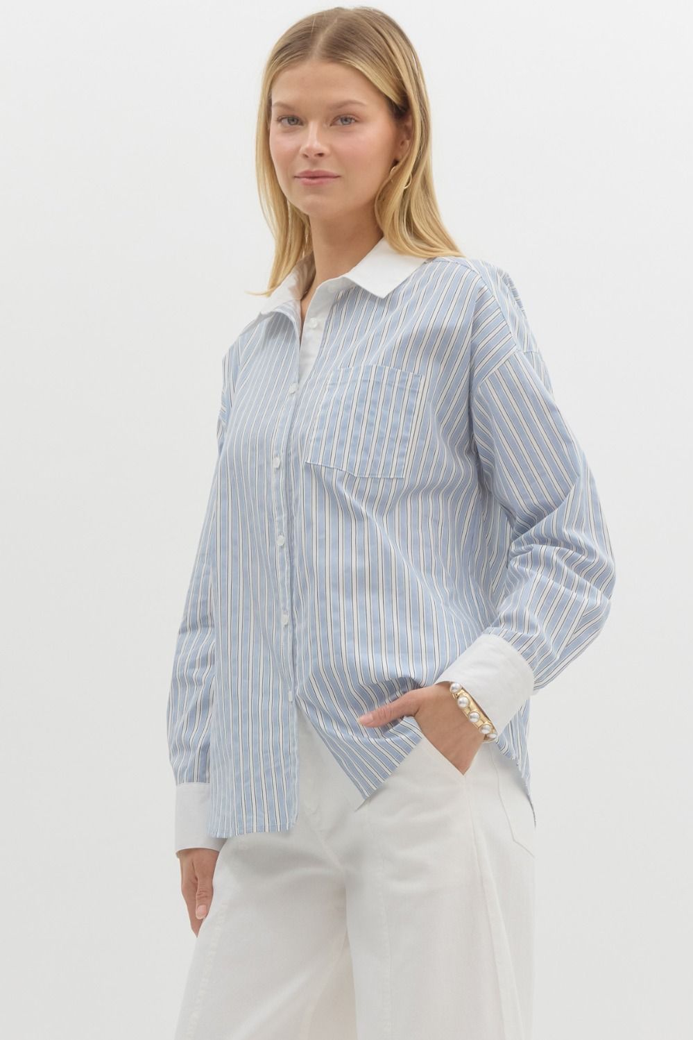 Strictly Business Striped Collared Relaxed Fit Blouse - Blue