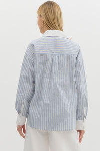 Strictly Business Striped Collared Relaxed Fit Blouse - Blue