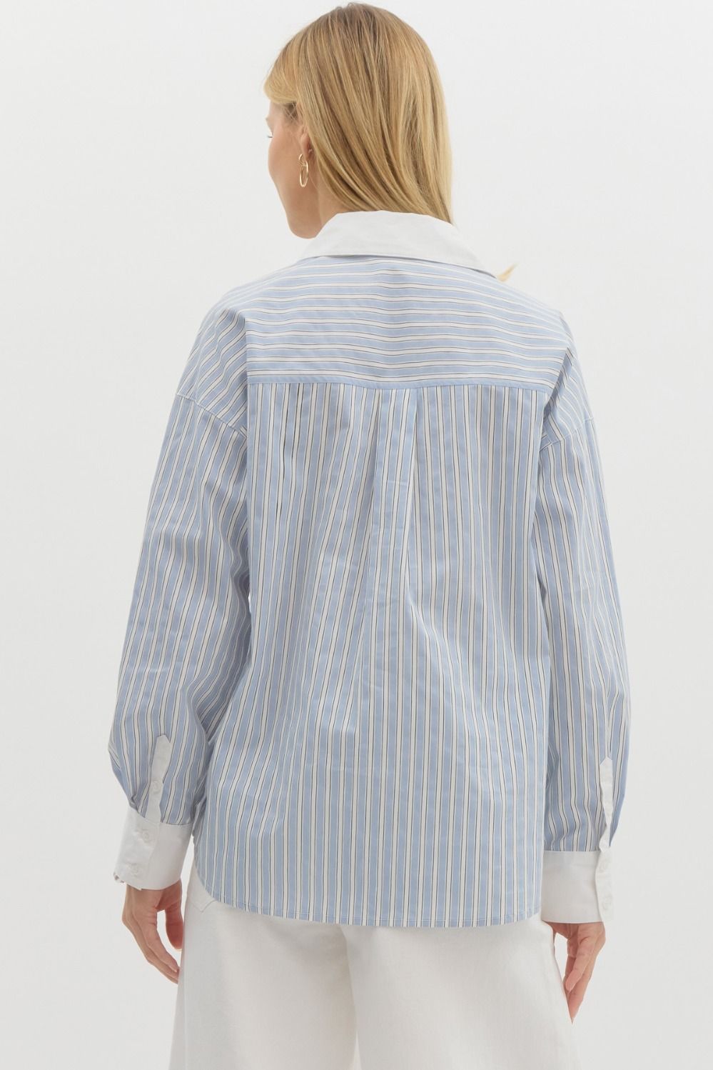 Strictly Business Striped Collared Relaxed Fit Blouse - Blue