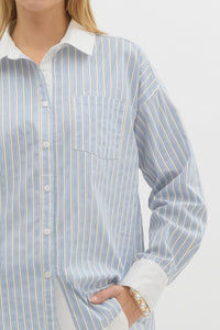 Strictly Business Striped Collared Relaxed Fit Blouse - Blue