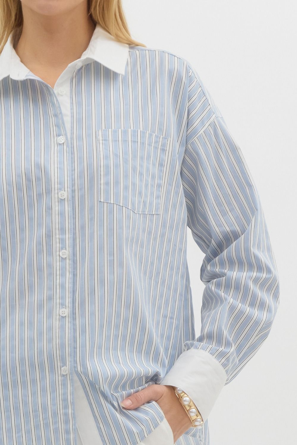 Strictly Business Striped Collared Relaxed Fit Blouse - Blue